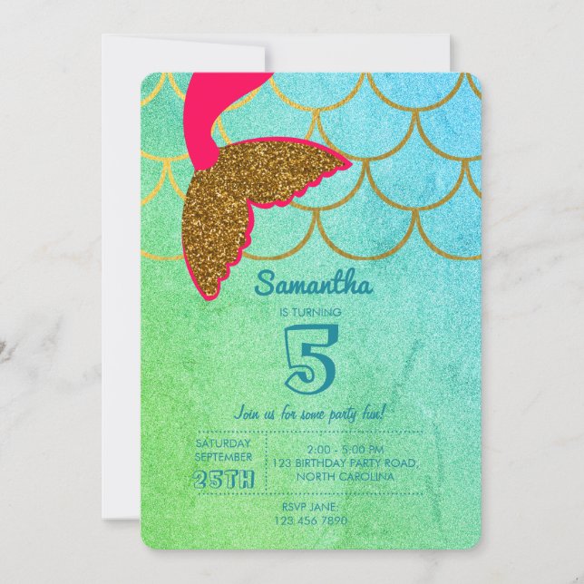 Invitación Mermaid Scales Purpurina Turquesa Verde azulado Cu (Anverso)