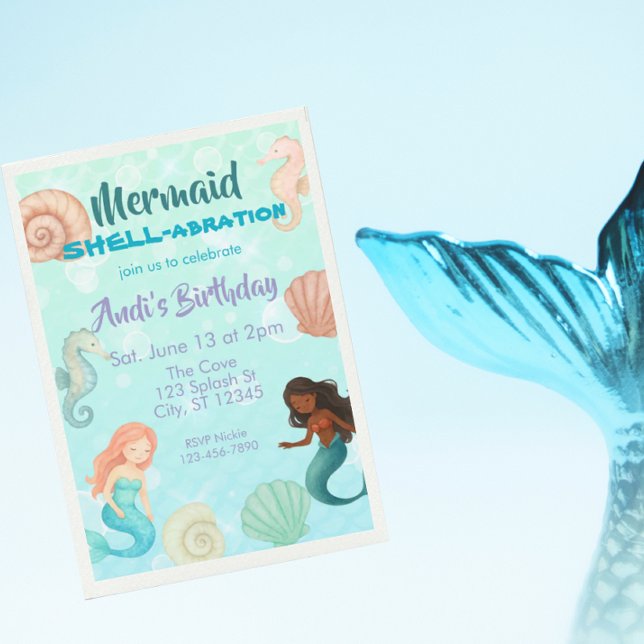 Invitación Mermaid SHELL-abration, Watercolor Birthday (Subido por el creador)