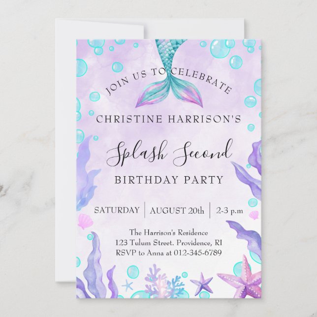 Invitación Mermaid Splash 2nd Birthday  (Anverso)