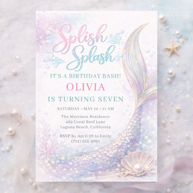 Invitación Mermaid Splish Splash 7th Birthday Bash Party (Subido por el creador)