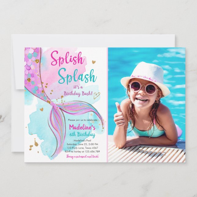 Invitación Mermaid Splish Splash Cumpleaños Bash Chica Gold (Anverso)