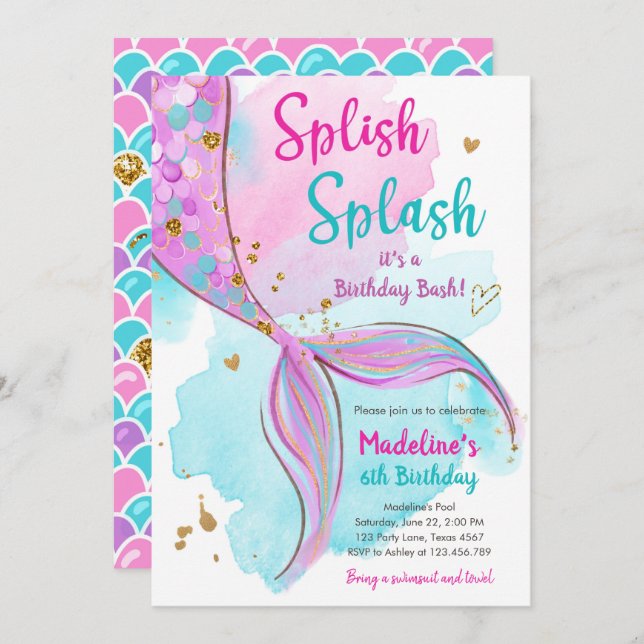 Invitación Mermaid Splish Splash Cumpleaños Bash Chica Gold I (Anverso / Reverso)