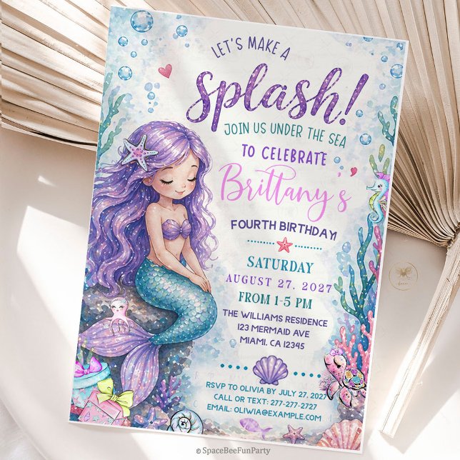 Invitación Mermaid Splish Splash Under the Sea  (Make a splash with this adorable Mermaid “Splish Splash Under the Sea” Birthday Invitation — perfect)