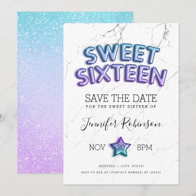 Invitación Mermaid Sweet 16 Guardar La Purpurina De Los Globo (Anverso / Reverso)