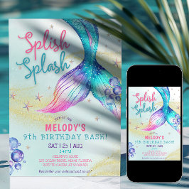 Invitación Mermaid Tail Glitter 9th Birthday Invitation