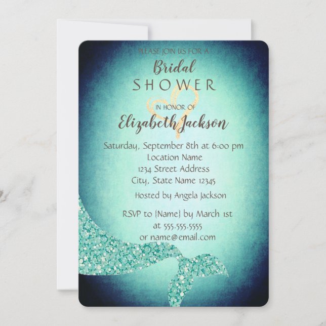 Invitación Mermaid Tail, Gold Heart Bridal Shower (Anverso)