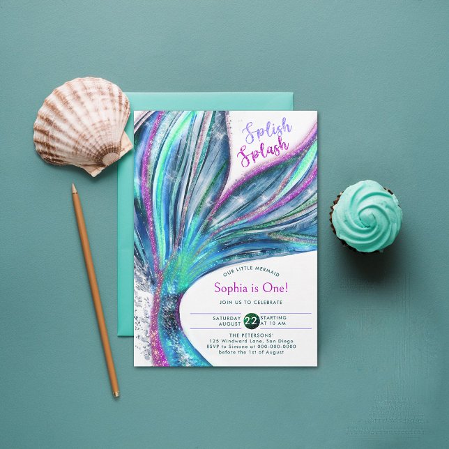 Invitación Mermaid Tail Holographic Watercolor 1er cumpleaños (mermaid birthday invitation 1st under the sea onederful girl party holographic glitter cute)