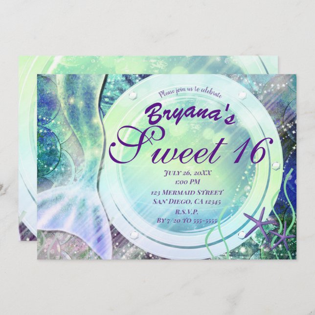 Invitación Mermaid Tail Magic Under Sea Sweet 16 Light Glow (Anverso / Reverso)