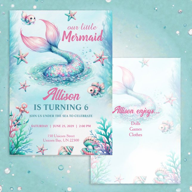 Invitación Mermaid Tail Teal Pink Girly Birthday Invitation (Subido por el creador)