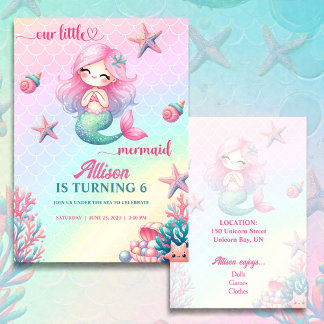 Invitación Mermaid Tail Teal Pink Girly Birthday Invitation