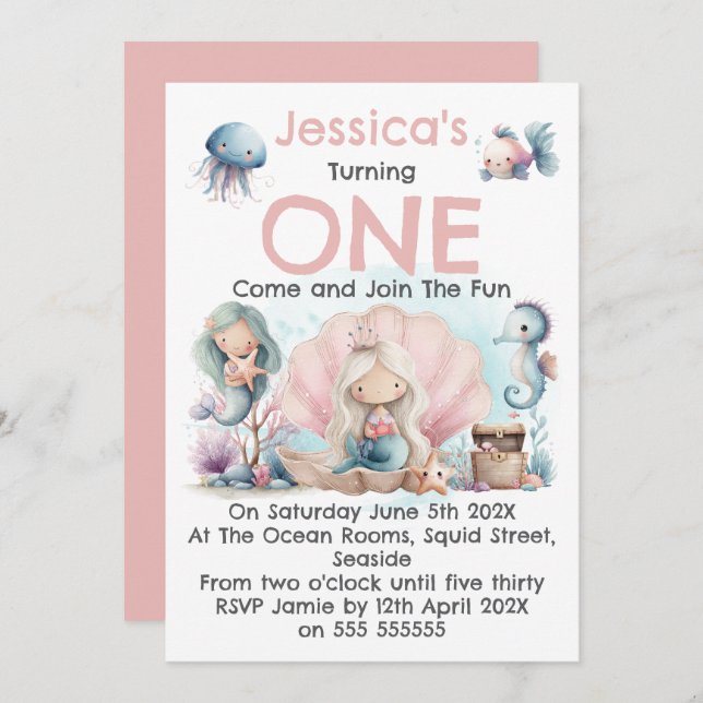 Invitación Mermaid Themed 1st Birthday Invitation (Anverso / Reverso)