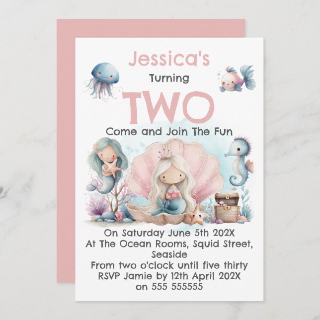 Invitación Mermaid Themed 2nd Birthday Invitation (Anverso / Reverso)