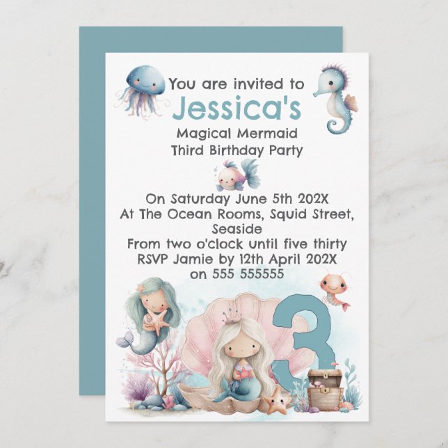 Invitación Mermaid Themed 3rd  Birthday Invitation (Anverso / Reverso)