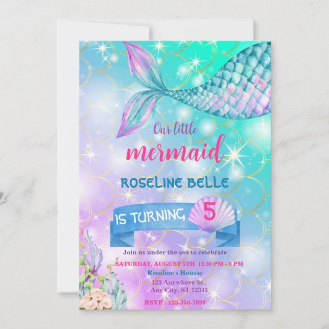 Invitación Mermaid Under The Sea  Birthday (Anverso)