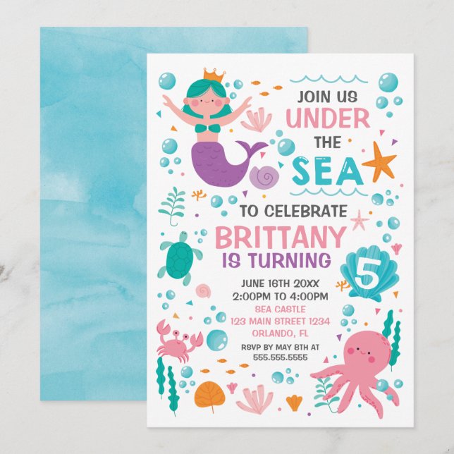 Invitación Mermaid Under the Sea birthday invitation (Anverso / Reverso)
