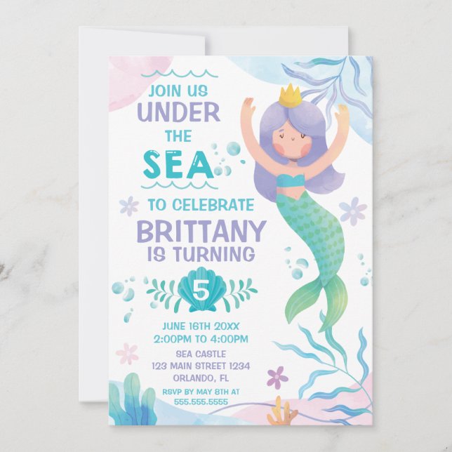 Invitación Mermaid Under the Sea cute birthday invitation (Anverso)