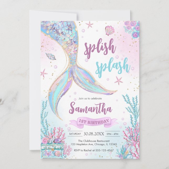 Invitación Mermaid Under the Sea Splish Splash Birthday (Anverso)