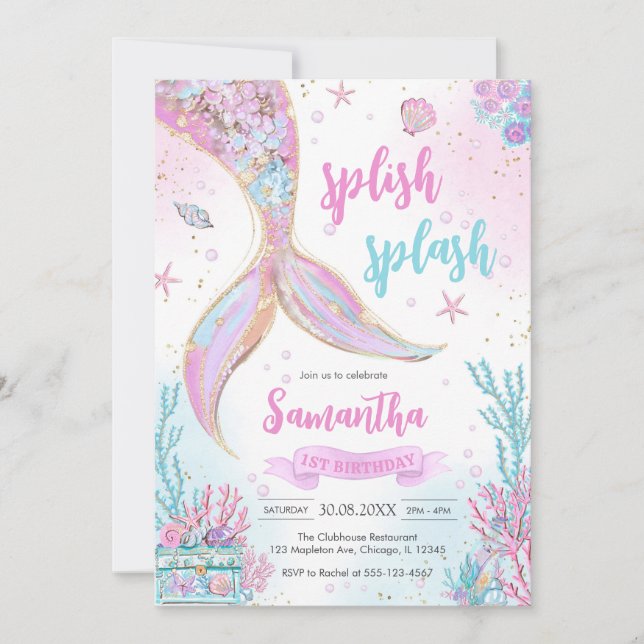 Invitación Mermaid Under the Sea Splish Splash Birthday (Anverso)