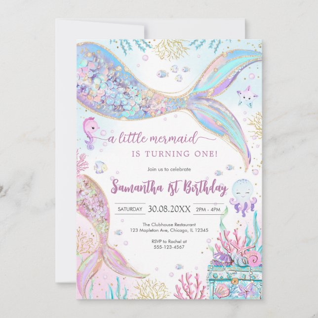 Invitación Mermaid Under the Sea Splish Splash Birthday (Anverso)
