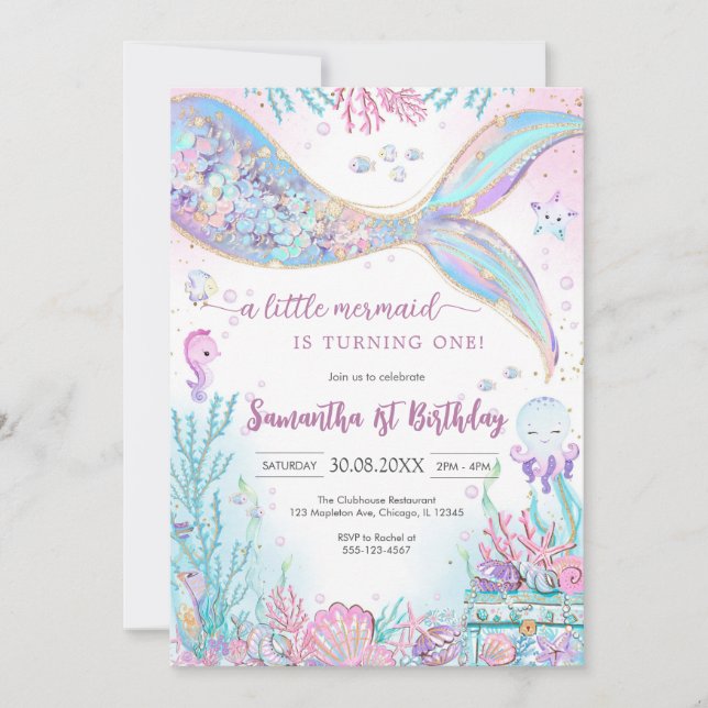 Invitación Mermaid Under the Sea Splish Splash Birthday (Anverso)