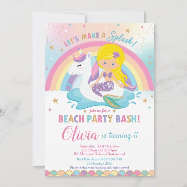 Invitación Mermaid Unicorn Beach Fiesta Birthday Blond (Anverso)