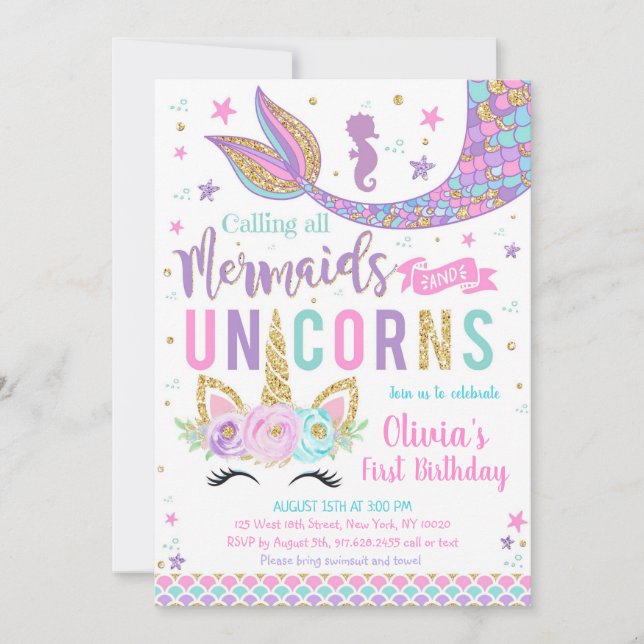 Invitación Mermaid Unicorn Girl Birthday Invitation (Anverso)