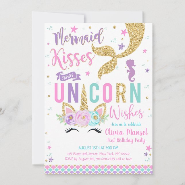 Invitación Mermaid Unicorn Girl Birthday Invitation (Anverso)