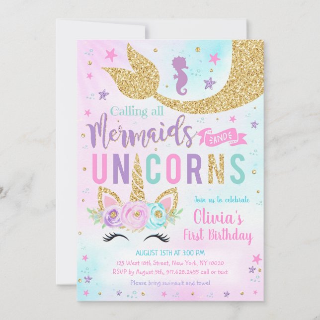 Invitación Mermaid Unicorn Girl Birthday Invitation (Anverso)