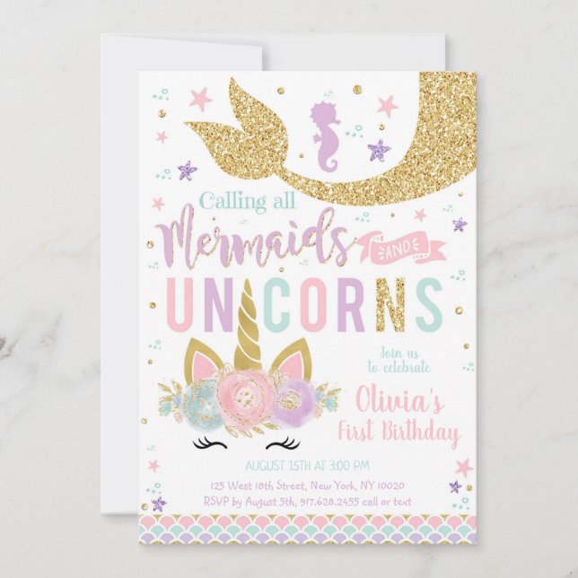 Invitación Mermaid Unicorn Girl Birthday Invitation (Anverso)