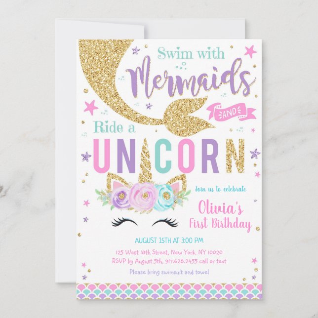 Invitación Mermaid Unicorn Girl Birthday Invitation (Anverso)