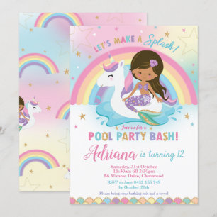 Invitación Mermaid Unicorn Pool Fiesta Cumpleaños Tan Skin Br