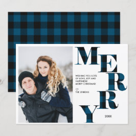 Invitación Merry | Blue Buffalo Plaid Photo Holiday