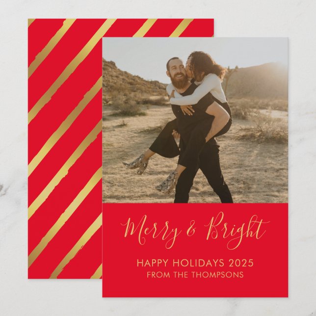 Invitación Merry & Bright Holiday Christmas red Photo card (Anverso / Reverso)