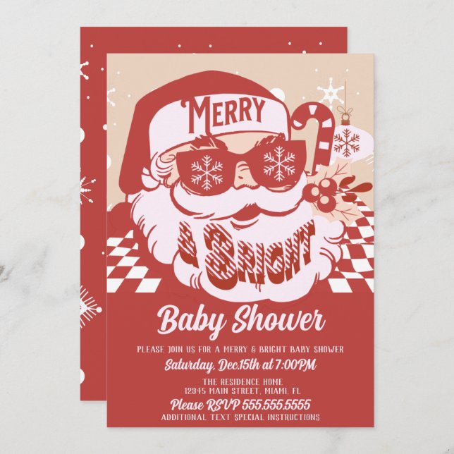 Invitación Merry Bright Retro Santa Navidades Baby Shower Red (Anverso / Reverso)