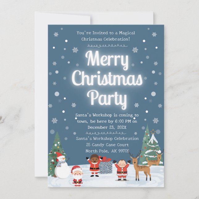 Invitación Merry Christmas Kids Party Santa Workshop Reindeer (Anverso)