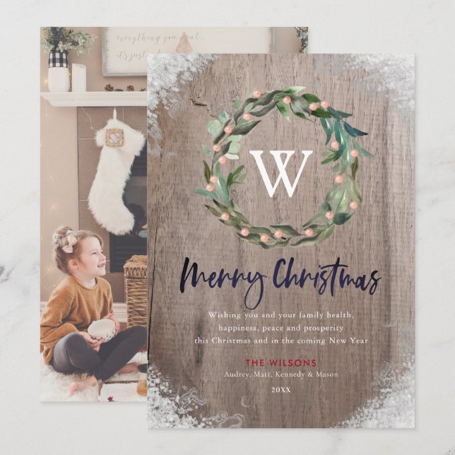Invitación Merry Christmas Monogram Wreath Wood Photo Card (Anverso / Reverso)