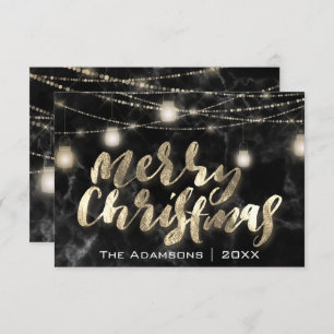 Invitación Merry Christmas Name Lights Marble Black Gold