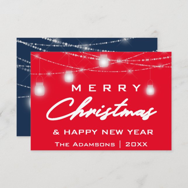 Invitación Merry Christmas Name Photo Lights Red Navy (Anverso / Reverso)