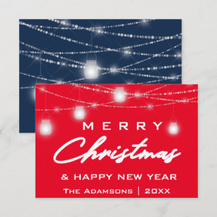 Invitación Merry Christmas Name Photo Lights Red Navy