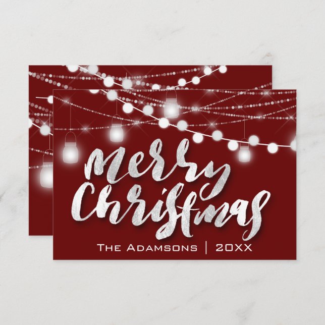 Invitación Merry Christmas Name String Luces Borgoña (Anverso / Reverso)