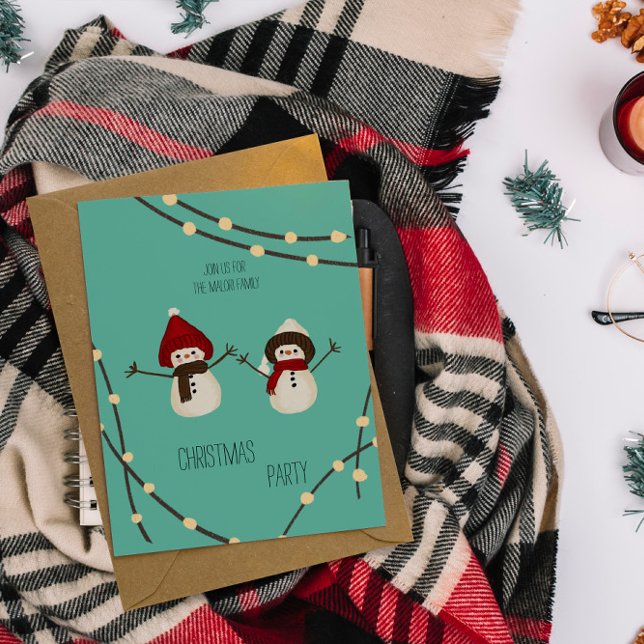 Invitación Merry Christmas Snowman Duo– Winter Lights on Teal (Subido por el creador)
