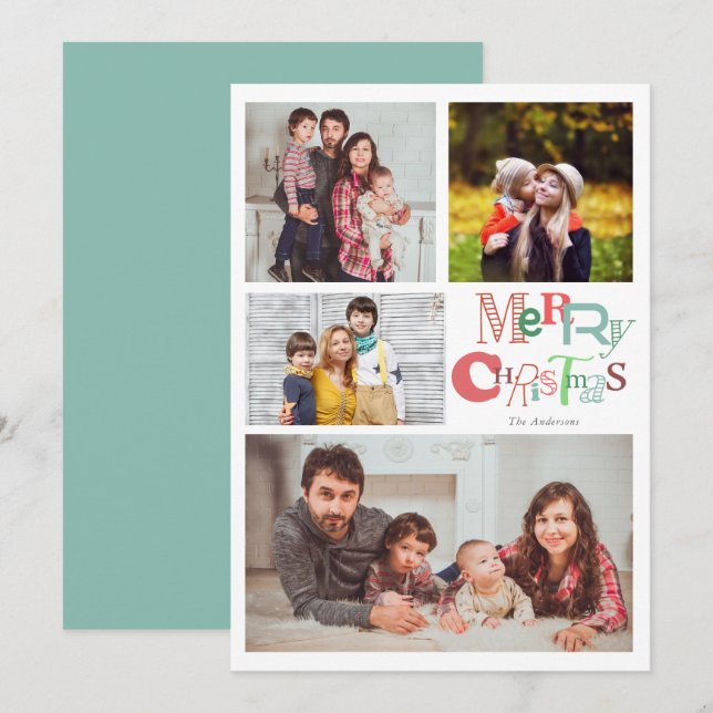 Invitación Merry Christmas Typography 4 Collage de fotos Cute (Anverso / Reverso)