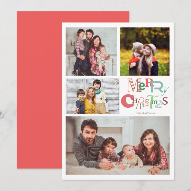 Invitación Merry Christmas Typography 4 Collage de fotos Pink (Anverso / Reverso)
