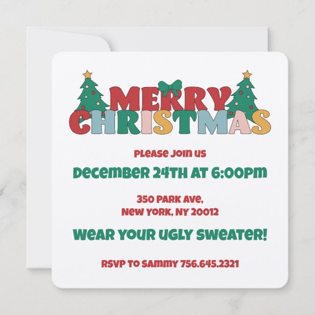 Invitación Merry Christmas Typography Decorated Pine Tree (Anverso)