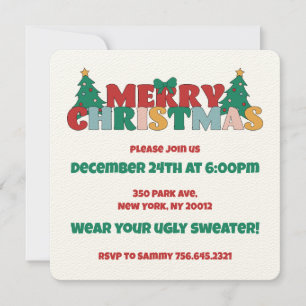 Invitación Merry Christmas Typography Decorated Pine Tree