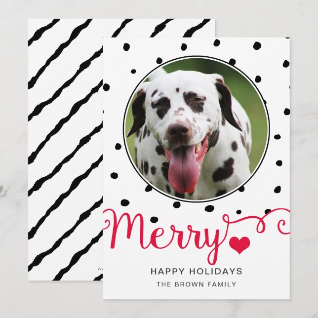 Invitación Merry Dots Stripes Typography Photo Holiday Card (Anverso / Reverso)