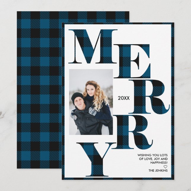 Invitación Merry | Festividad fotográfica vertical azul en bú (Anverso / Reverso)