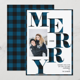 Invitación Merry   Festividad fotográfica vertical azul en bú