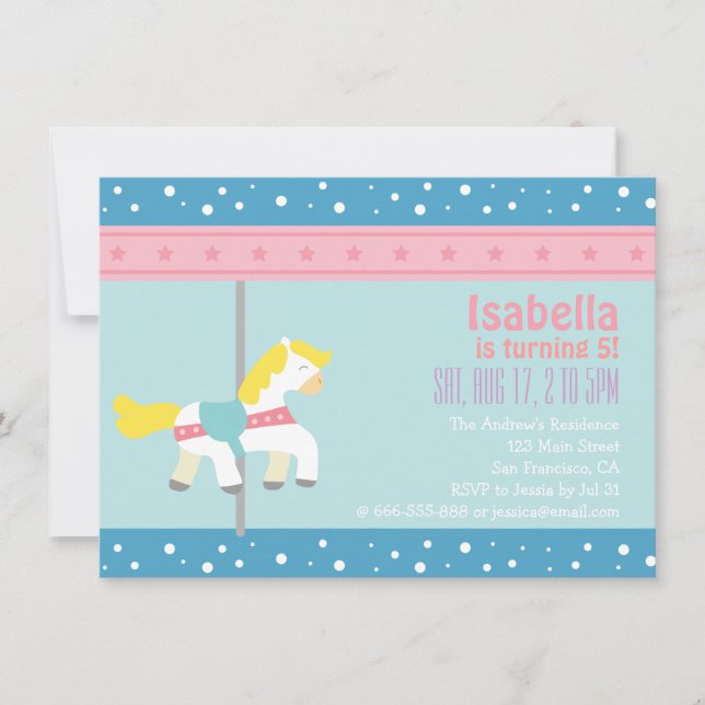 Invitación Merry Go Round, Fiesta de Cumpleaños de la Niña en (Anverso)