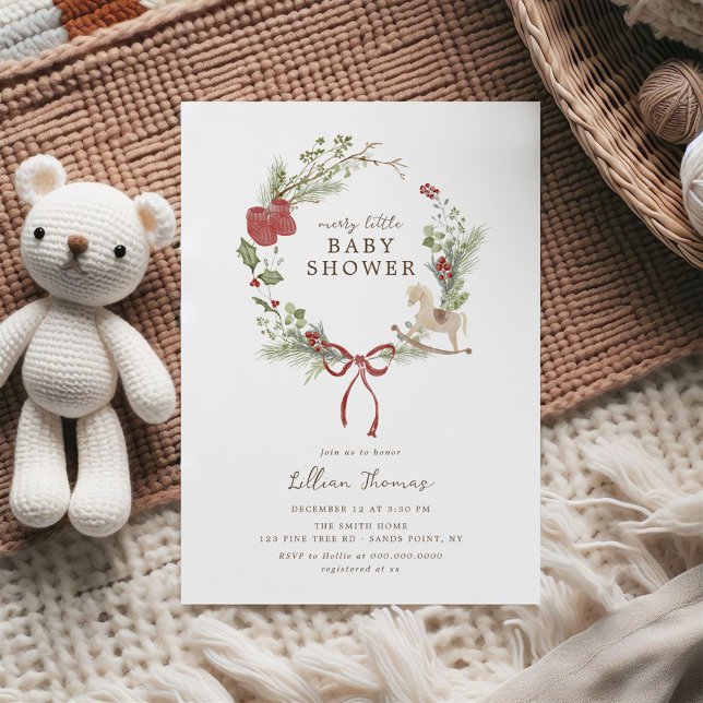 Invitación Merry Little Baby Shower Red Bow Wreath (Subido por el creador)